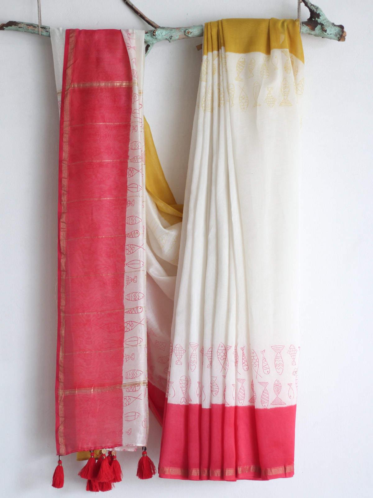 CHANDERI SAREE- Pujo with Red & Yellow - CHHAPA