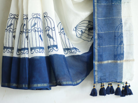 CHANDERI SAREE - Cage with Navy & Teal Blue - CHHAPA