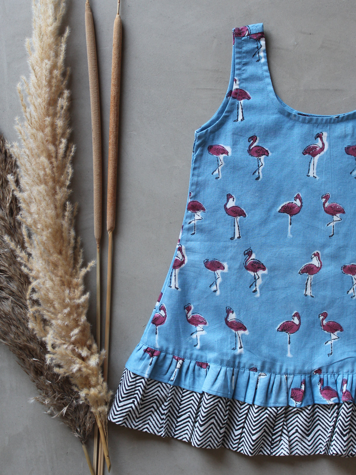 KIDS BLUE FLAMINGO FRILL DRESS