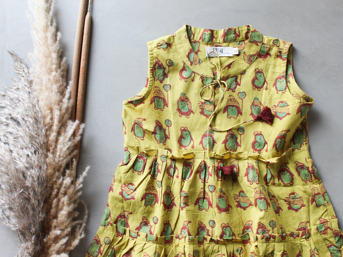 Yellow Penguins Frill Dress - CHHAPA