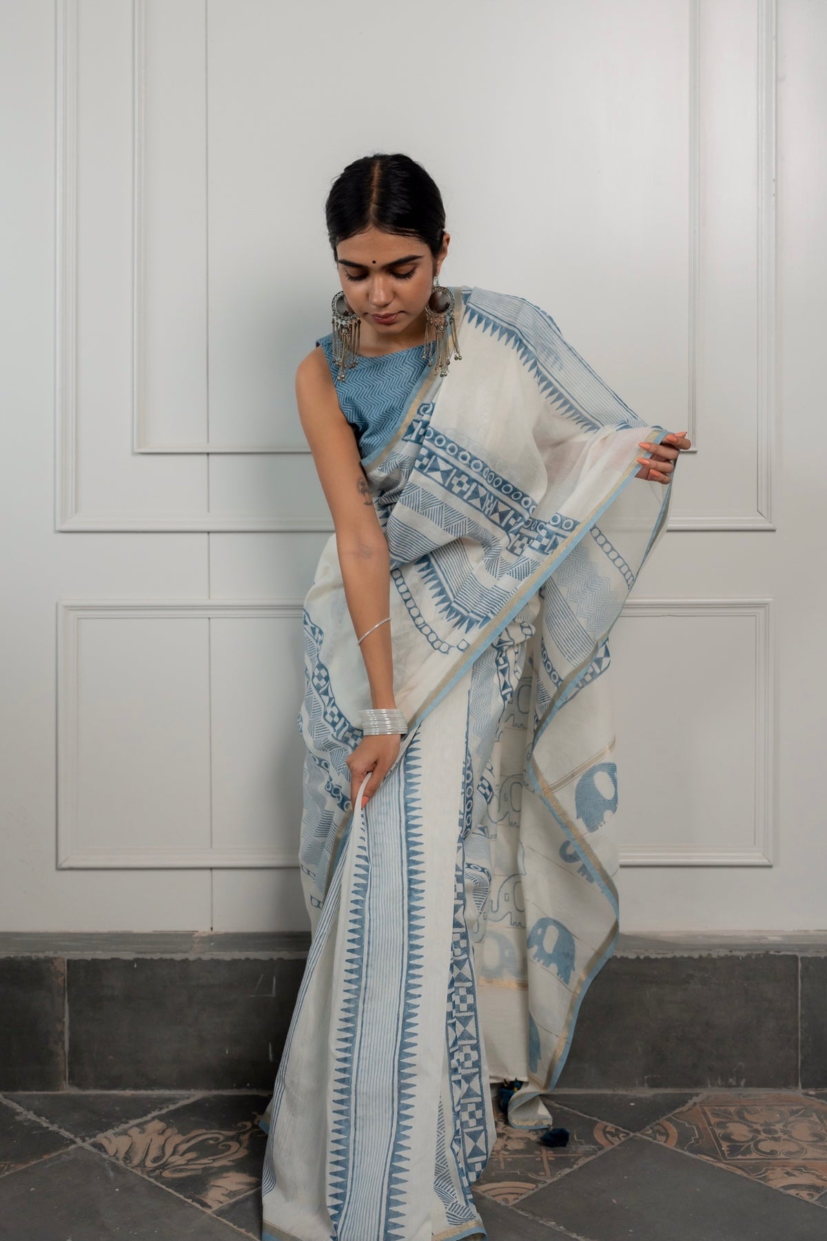 INDIGO ELEPHANTS - Chanderi Saree