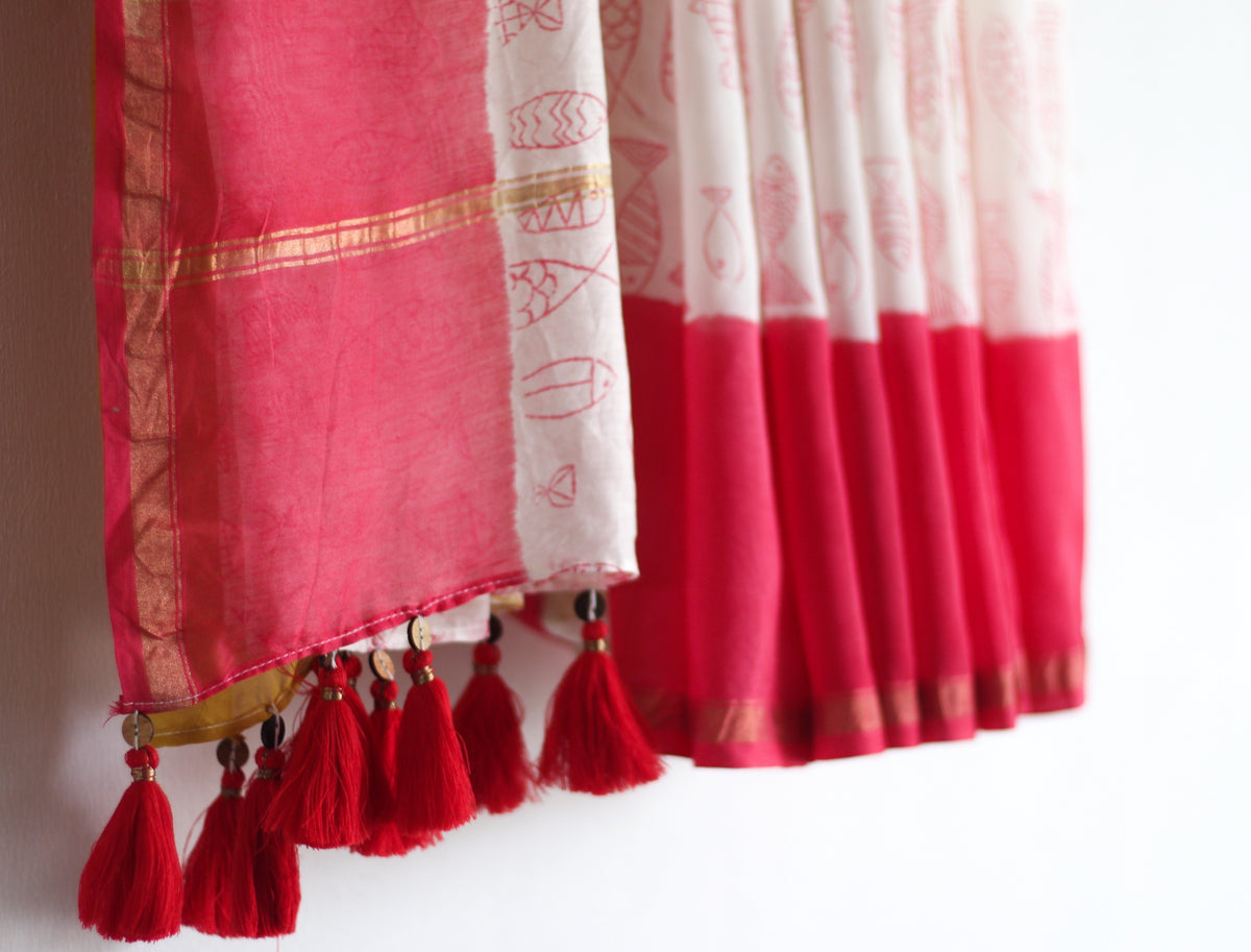 CHANDERI SAREE- Pujo with Red & Yellow - CHHAPA