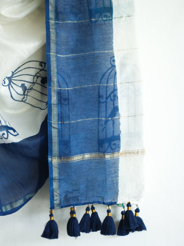 CHANDERI SAREE - Cage with Navy & Teal Blue - CHHAPA