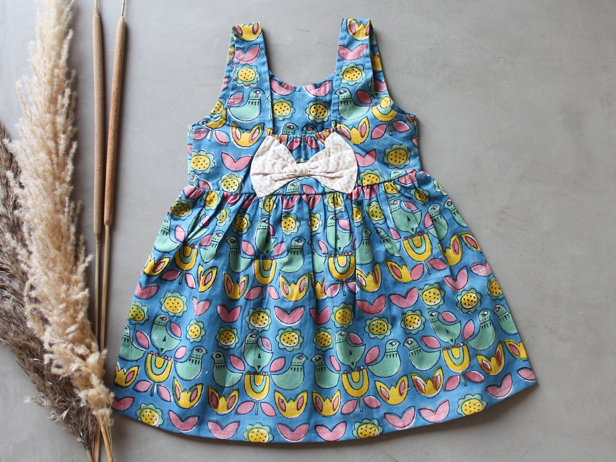 KIDS BLUE BIRDIE BOW DRESS