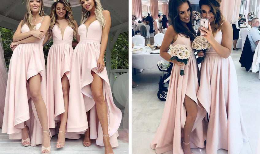 Vestidos de dama de honor de color rosa claro con tirantes finos simples y abertura