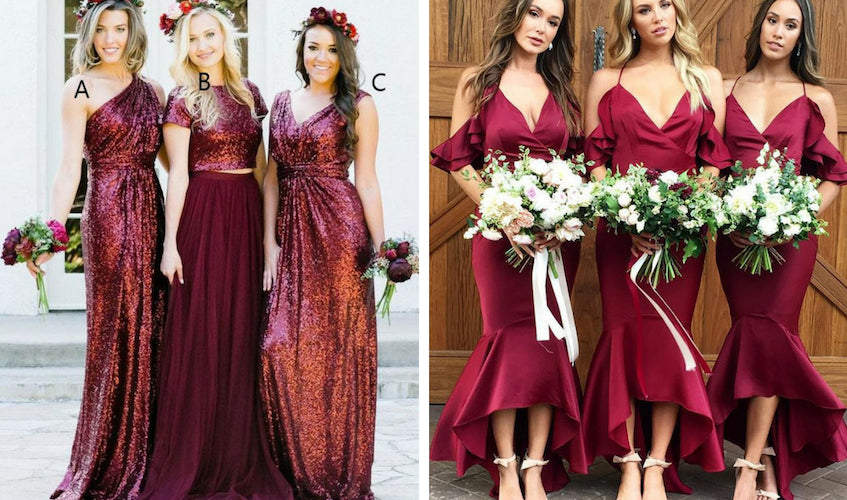 Long Sequins Lace Burgundy Modest Mismatched Bridesmaid Dresses with Sleeves 
