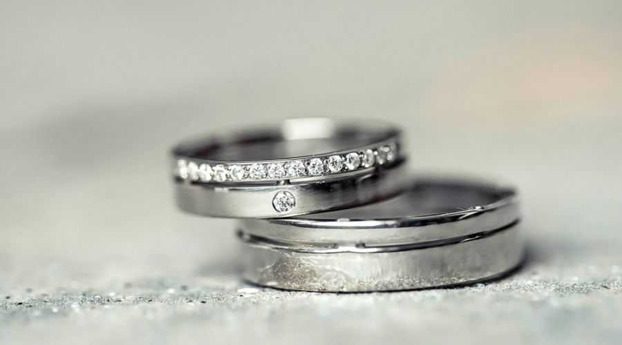 close up of palladium wedding bands