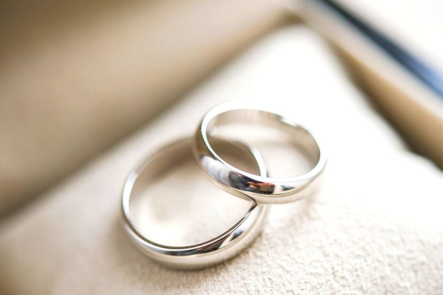 close up of white gold wedding rings