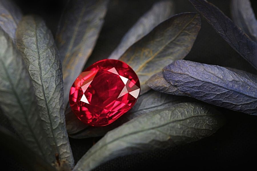 A faceted red gemstone resting on dark leaves.