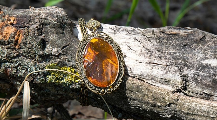 An orange amber pendant hanging on a tree branch