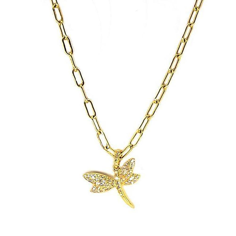 Dragonfly Charm Necklace | 14K Yellow Gold | Pave Diamonds - Lexie