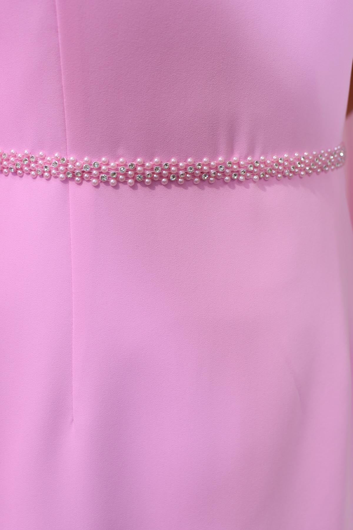 Lizabella Baby Pink V Neck Dress With Waterfall Sleeve & Diamante Waist-L-25SS-2019-40