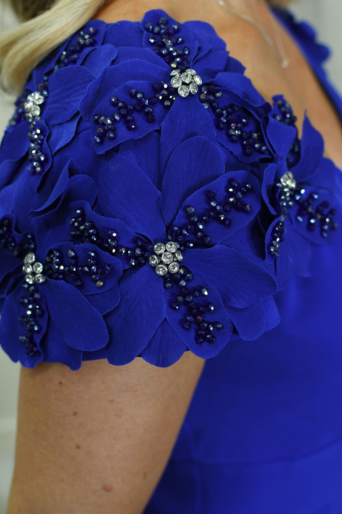 Lizabella Cobalt Blue V Neck Dress With Shoulder Flower Detail -L-25SS-2099-40
