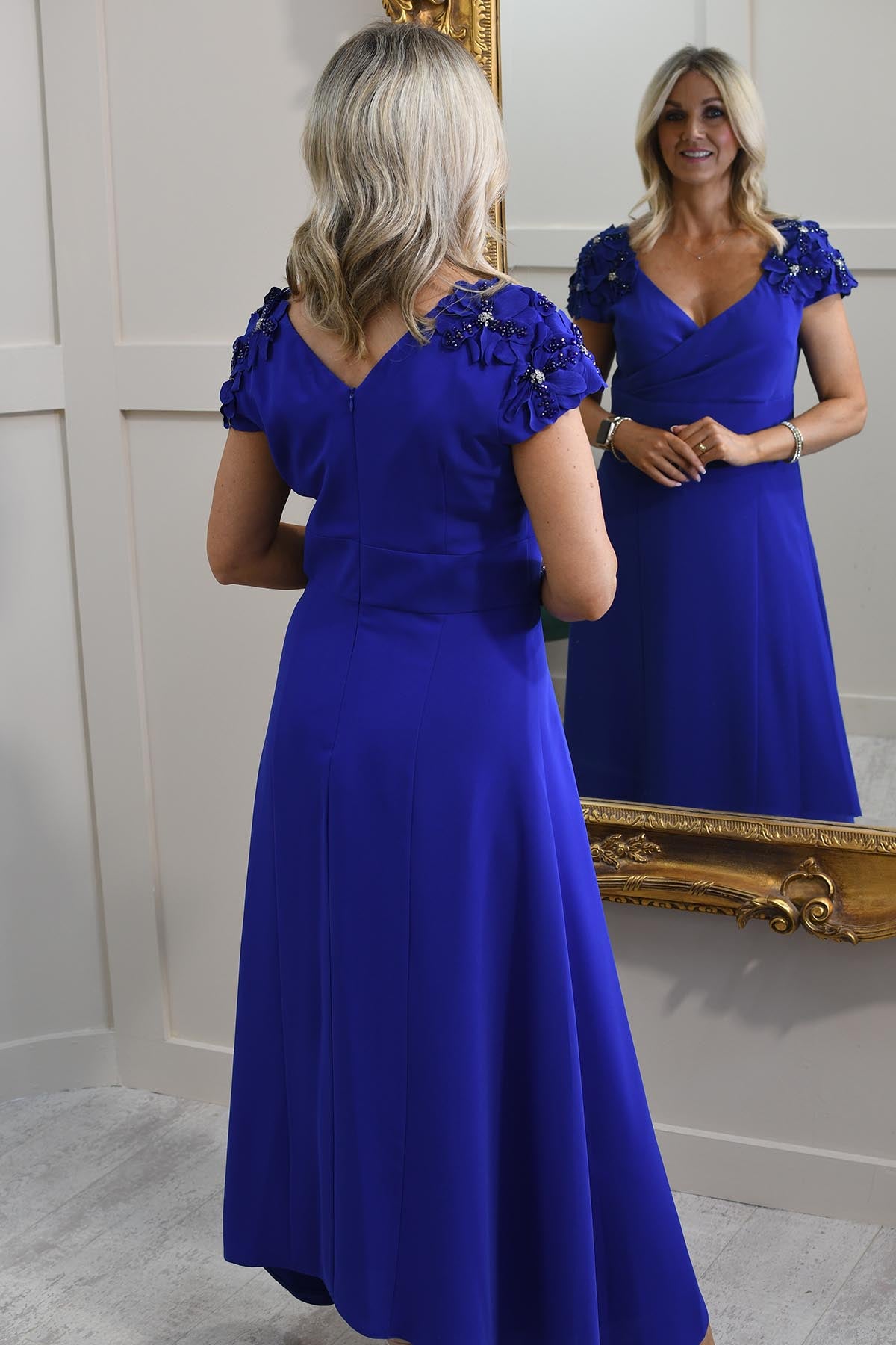 Lizabella Cobalt Blue V Neck Dress With Shoulder Flower Detail -L-25SS-2099-40