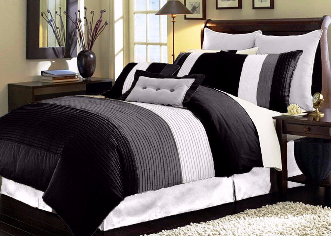 7PC-PLEAT-BLK-K Stripes 8PC Bedding Set with Accent Pillows sku 7PC-PLEAT-BLK-K