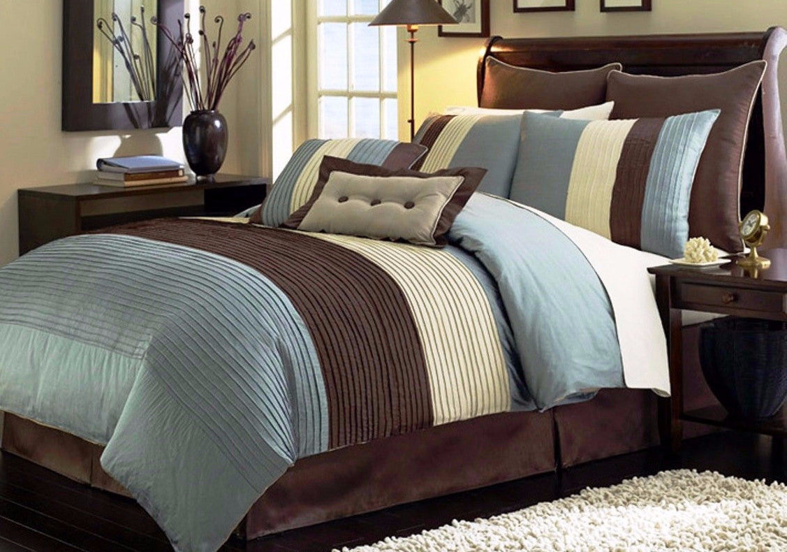 7PC-PLEAT-BLU-K Stripes 8PC Bedding Set with Accent Pillows sku 7PC-PLEAT-BLU-K