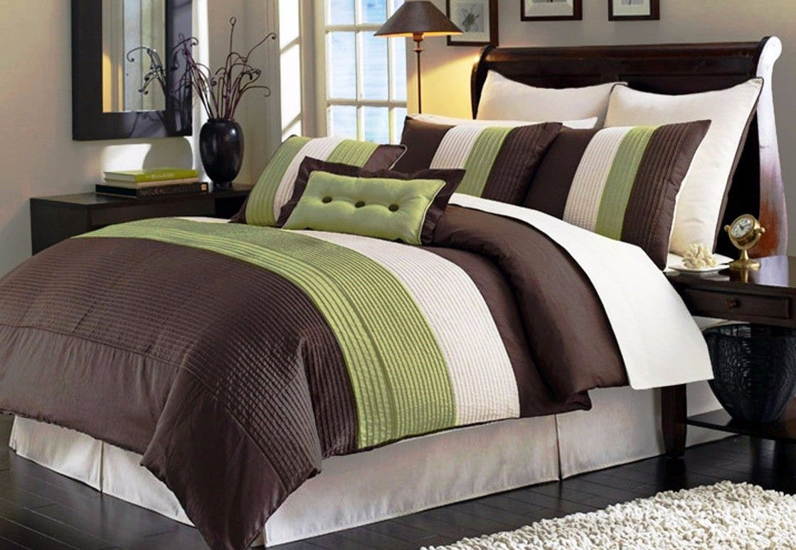 7PC-PLEAT-SAGE-Q Stripes 8PC Bedding Set with Accent Pillows sku 7PC-PLEAT-SAGE-Q