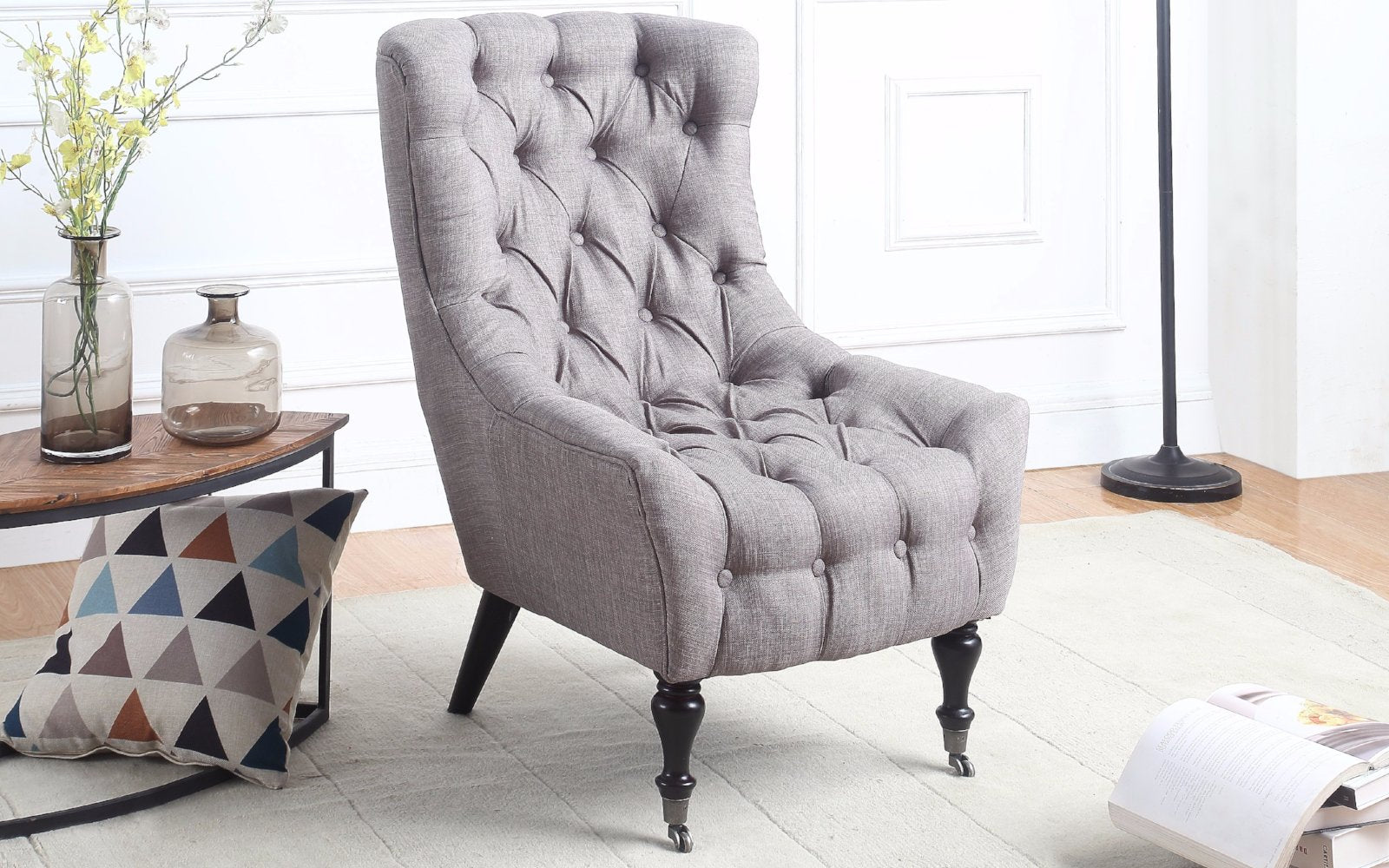 ARM12-FB-GR Ennio Classic Tufted Linen Armchair with Casters sku ARM12-FB-GR