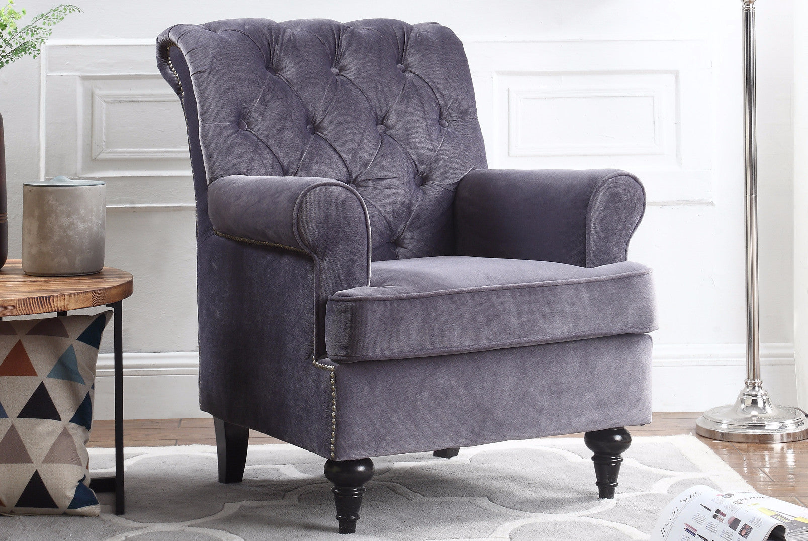 ARM16-VV-GR Christopher Tufted Velvet Accent Armchair sku ARM16-VV-GR