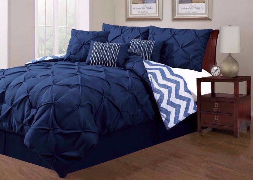 7PC-PINCH-NAVY-KING Rombos 7PC Bedding Set sku 7PC-PINCH-NAVY-KING