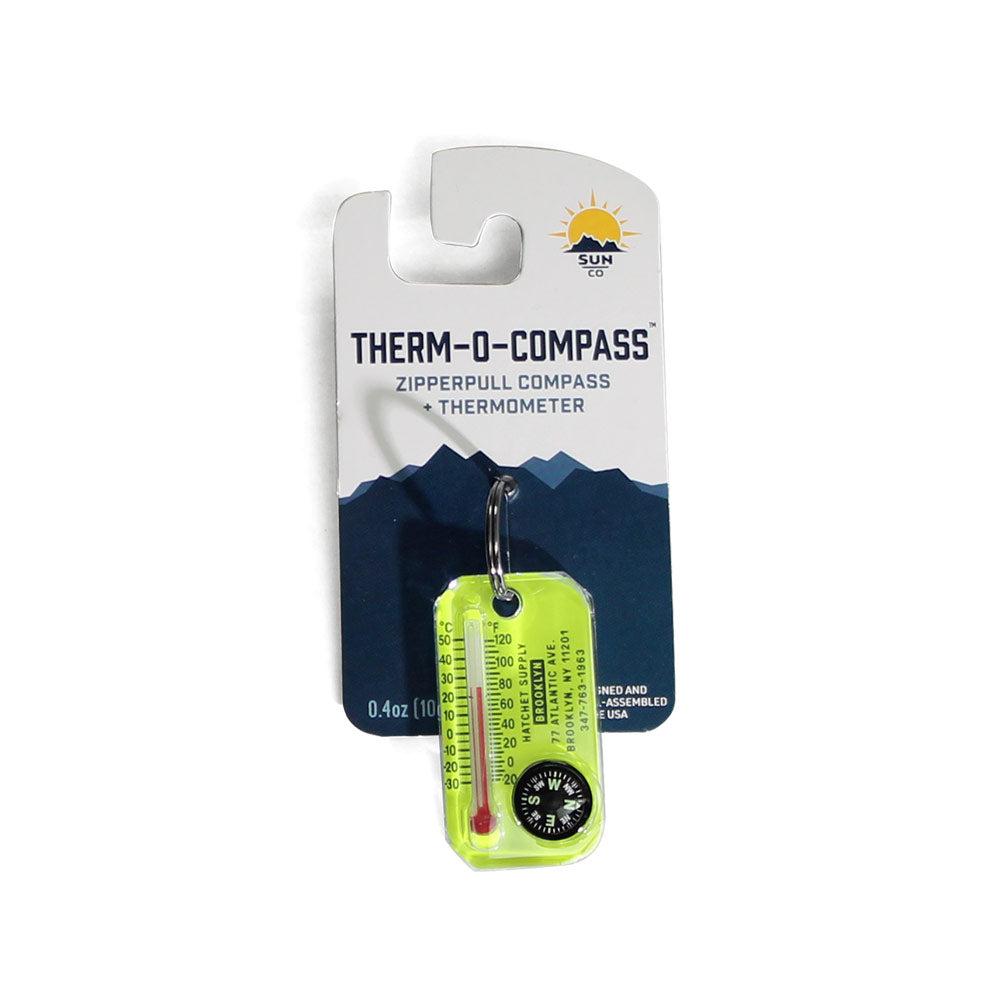 sun-company-x-hatchet-supply-therm-o-compass-zipper-pull-compass-thermometer-neon