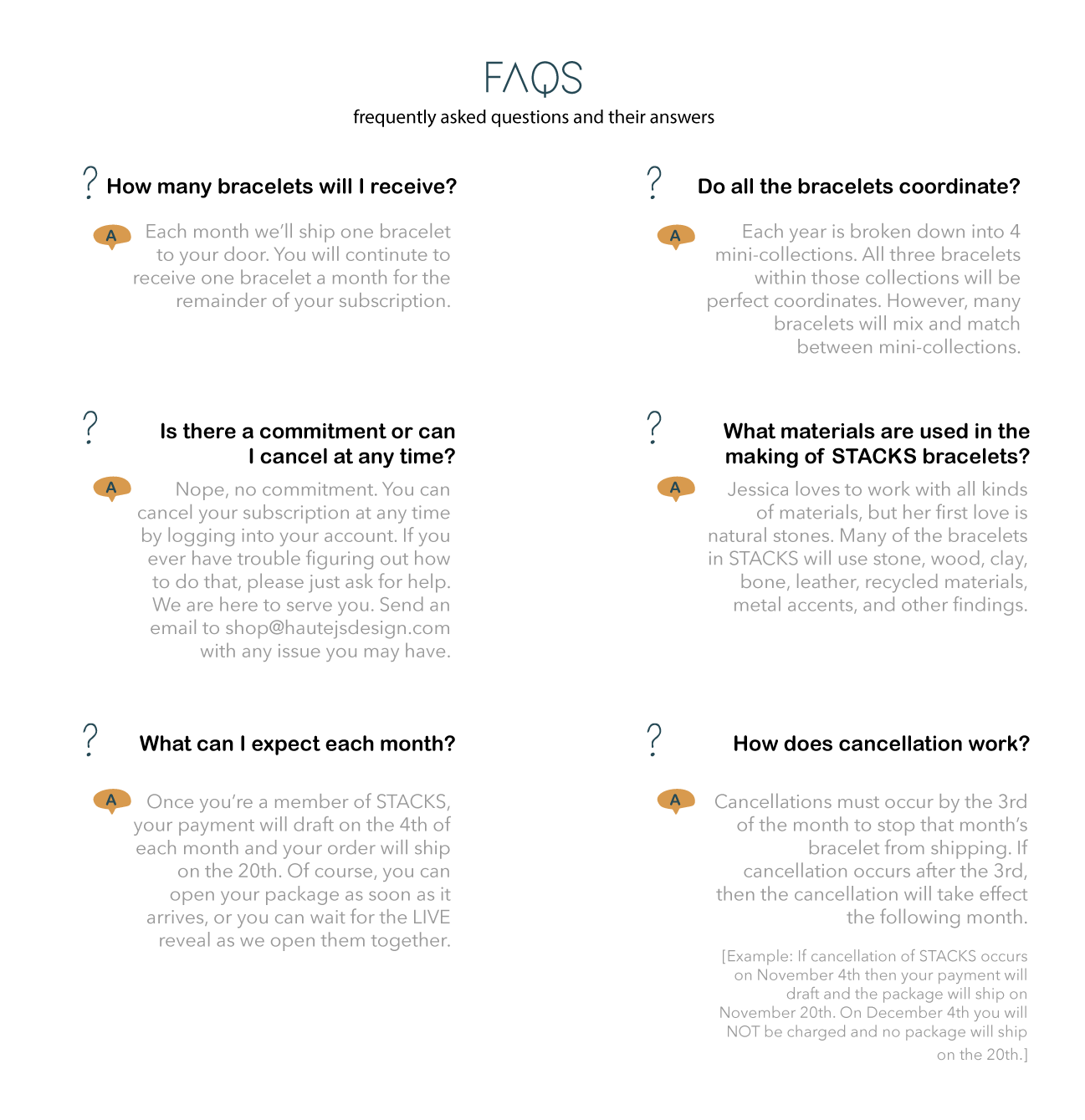 Stacks bracelet club FAQ frequently asked questions