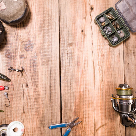 Various fishing equipment laid out