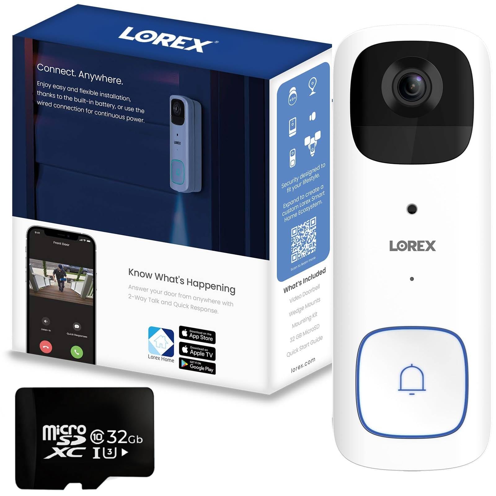 Lorex 2K Wi-Fi Video Doorbell (Battery-Operated, 32GB) White
