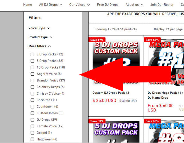 DJ Drops 24/7 - Product filtering 2