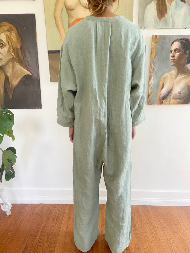 TUCK JADE LINEN COVERALL