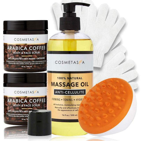Massage Oil, Massager Mitt, Arabica Coffee Scrub & Exfoliating Gloves