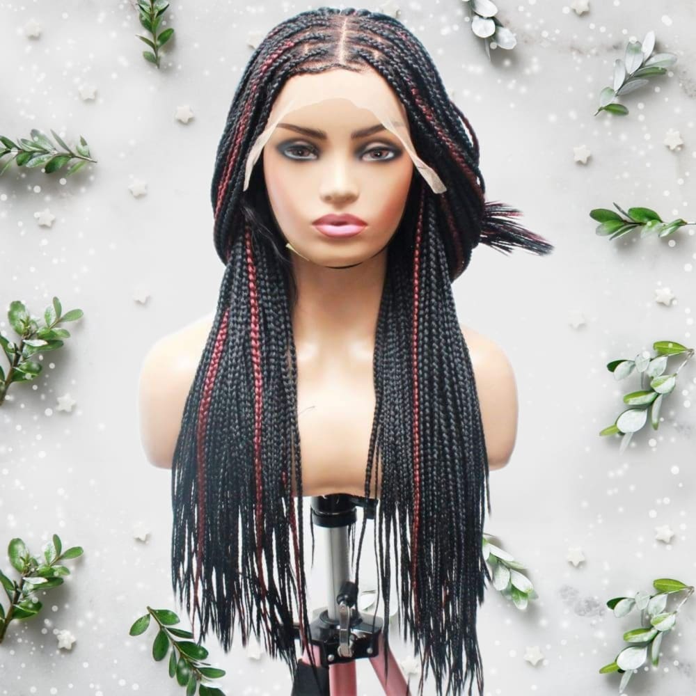 Knotless Box Braids Wig- Black With Wine Highlights Knotless