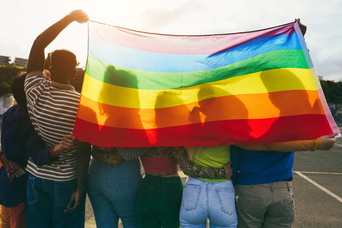 LGBT 깃발을 등에 짊어진 한 무리의 사람들