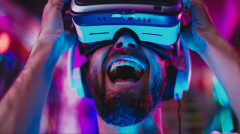 Un hombre profundamente inmerso en su casco de realidad virtual.