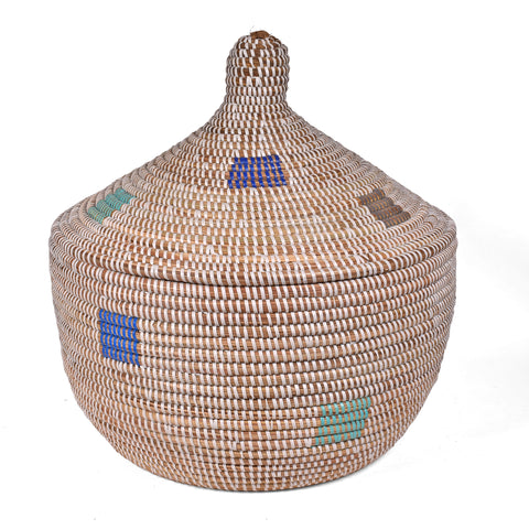 African Fair Trade Handwoven Warming Basket, White with Multicolor Squ ...