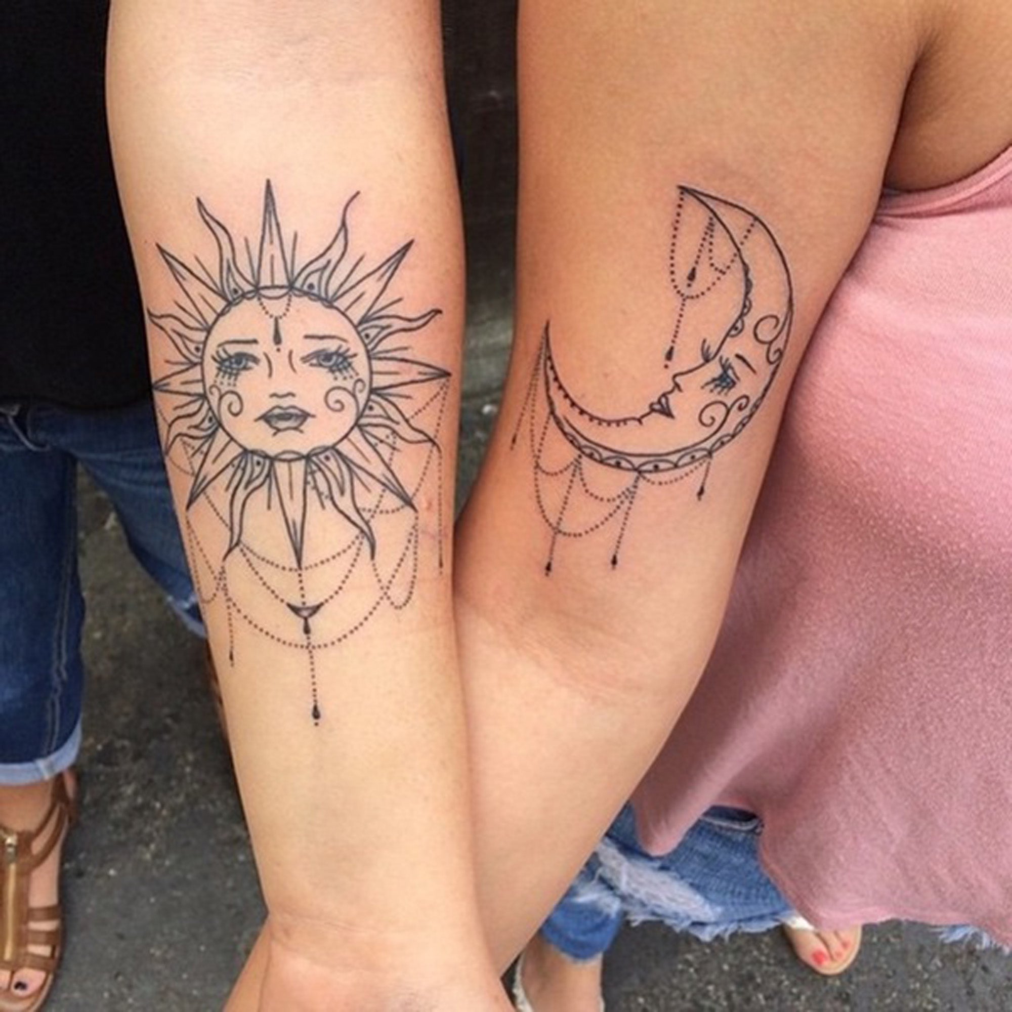 Matching sun and moon tattoo for couple minimalistic