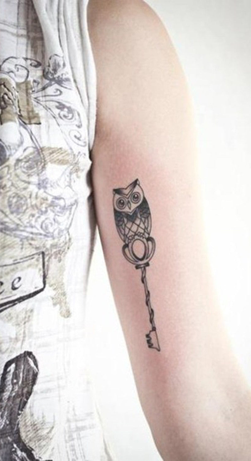 Cute Small Bird Owl Key Arm Tattoo Ideas for Women - Tricep Bicep Tat - MyBodiArt.com