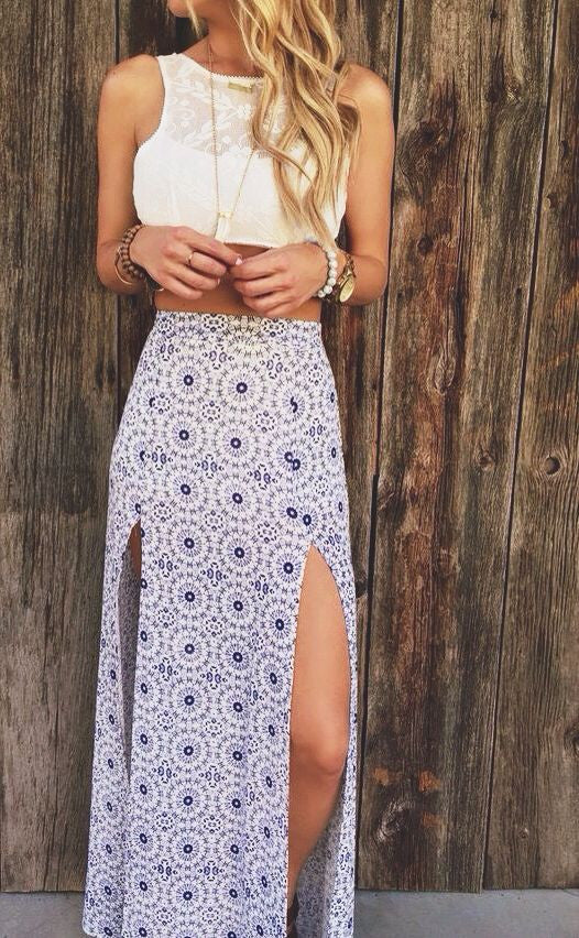 Women's Cute Summer Outfits - Maxi Skirt - White Lace Top - MyBodiArt.com 