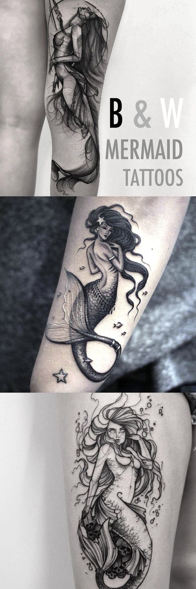 Beautiful Geometric Vintage Mermaid Tattoo Ideas at MyBodiArt.com - Black and White Large Thigh Arm Tatt for Women 