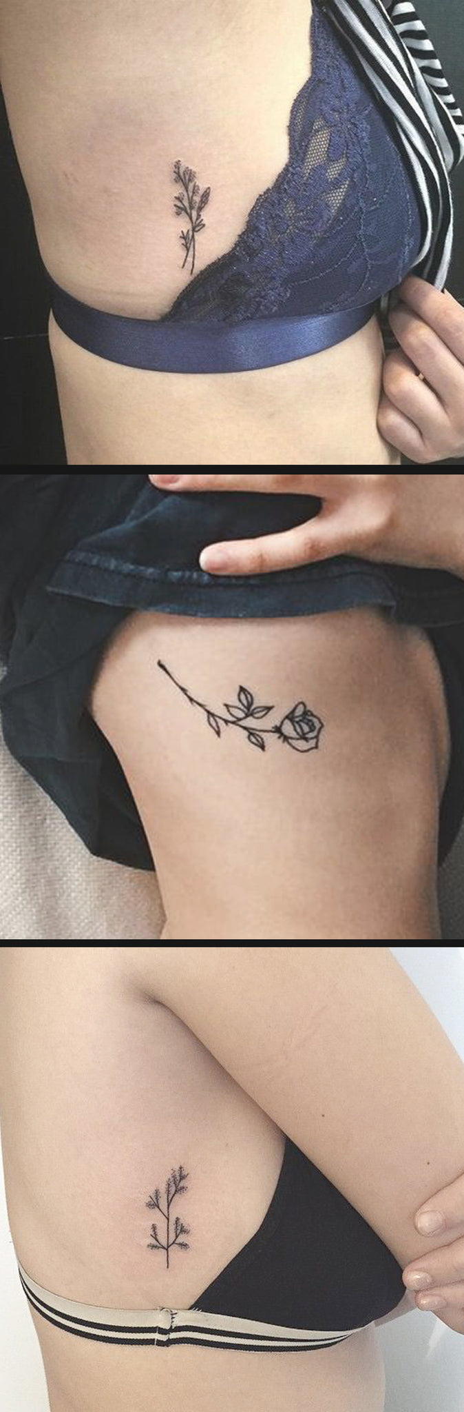 Small Minimalistic Rose Rib Tattoo Ideas for Women - Black Outline Floral Blooming Flower Side Tatt -  pequeñas ideas minimalistas del tatuaje de la costilla color de rosa para las mujeres - www.MyBodiArt.com