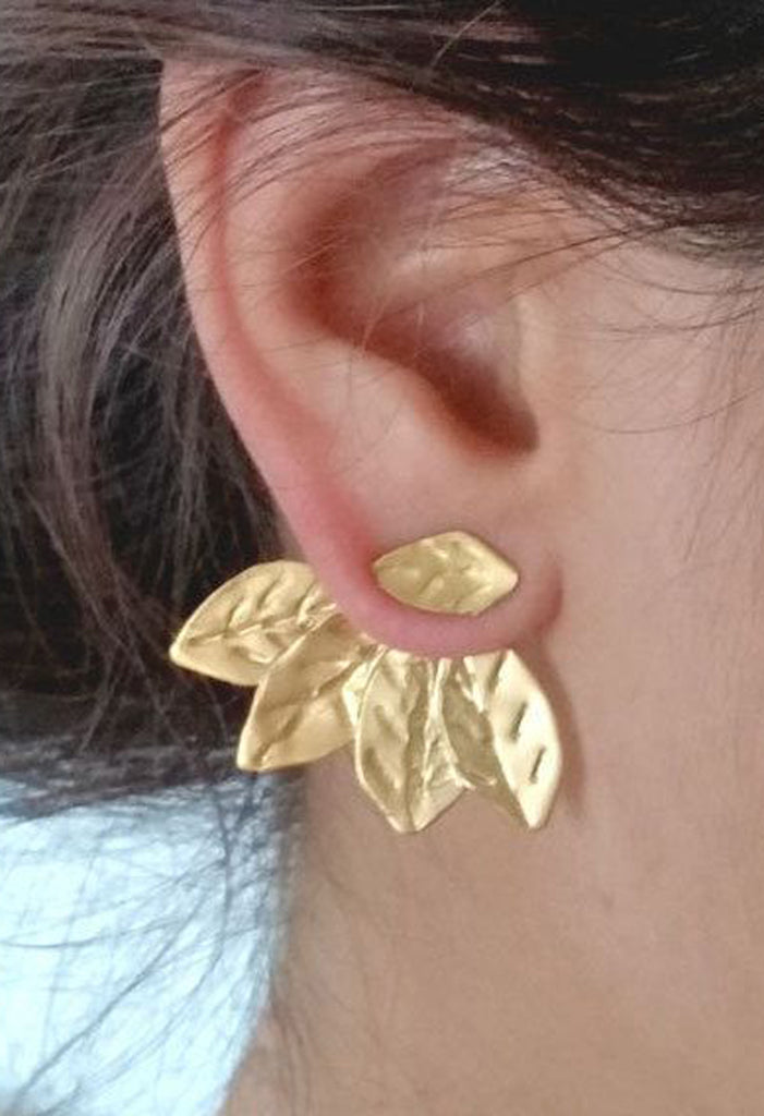 Statement Earrings Gold Leaf - Ear Jacket Earring at MyBodiArt.com
