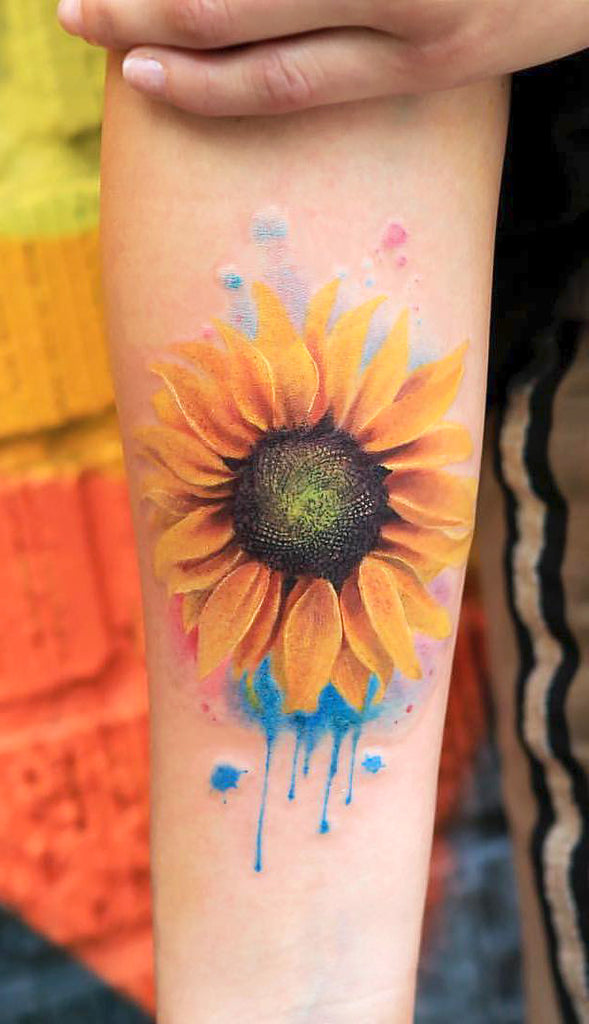 Cute Realistic Sunflower Forearm Tattoo Ideas for Women Watercolor Colorful Floral Flower Arm Tat -  acuarela girasol tatuaje del antebrazo dieas para mujeres - www.MyBodiArt.com 