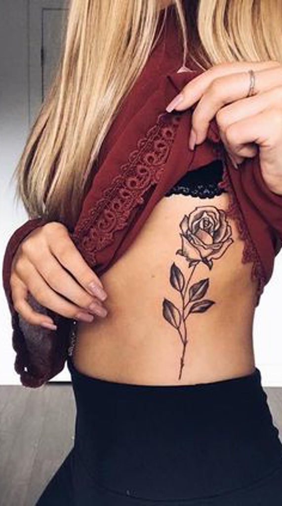 Black Rose Outline Rib Tattoo Ideas for Women - Beautiful Floral Flower Side Tat - www.MyBodiArt.com #tattoos