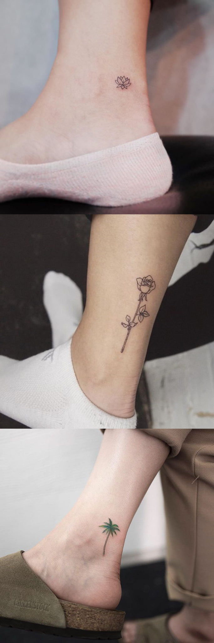 Cute Small Ankle Tattoos Ideas at MyBodiArt.com - Tiny Lotus Rose Palm Tree Foot Tatt 