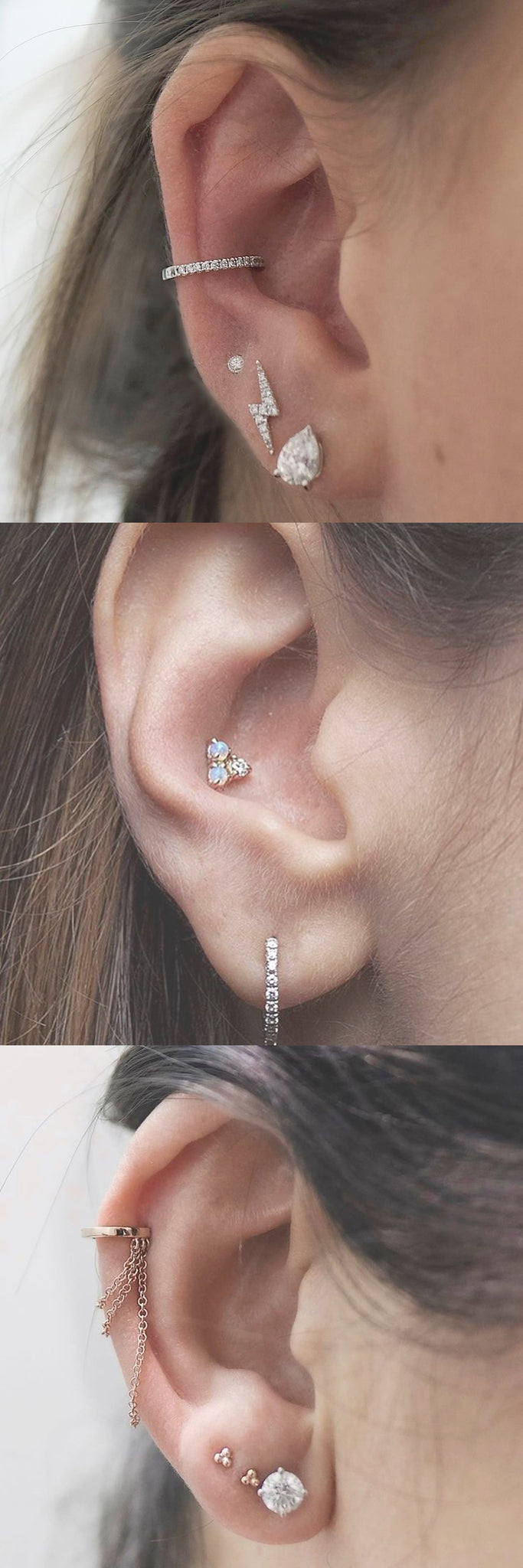 Simple Minimalistic Multiple Ear Piercing Jewelry at MyBodiArt.com - Fake Crystal Conch Ring - Flower Conch Stud - Rose Gold Cartilage Chain Earring 
