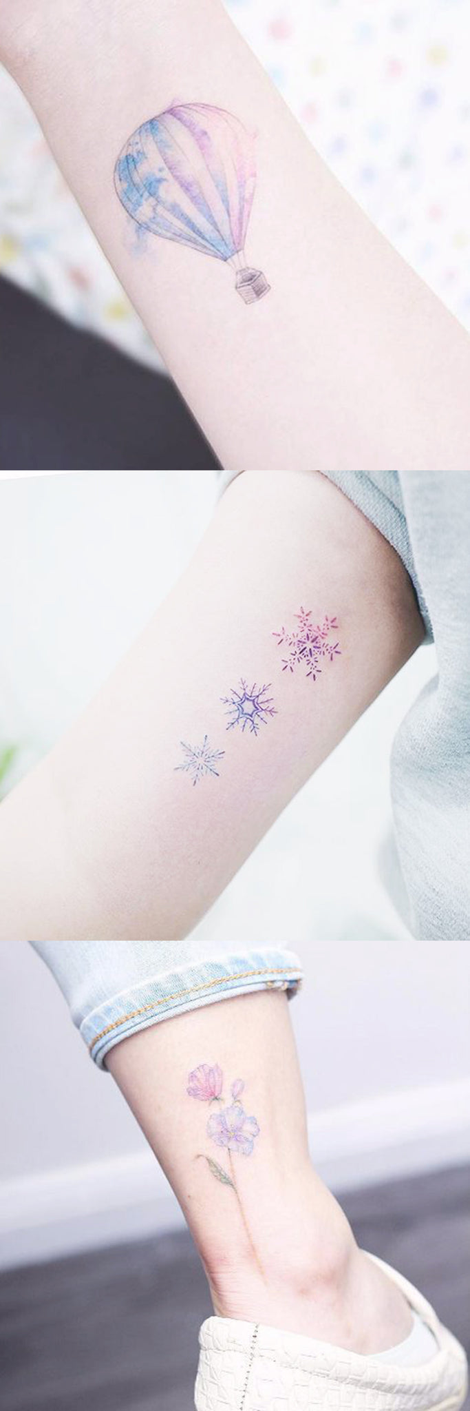 Small Watercolor Floral Flower Tattoo Ankle Ideas - Colorful Opal Rainbow Air Balloon Snowflake Bicep Arm Tatt - MyBodiArt.com