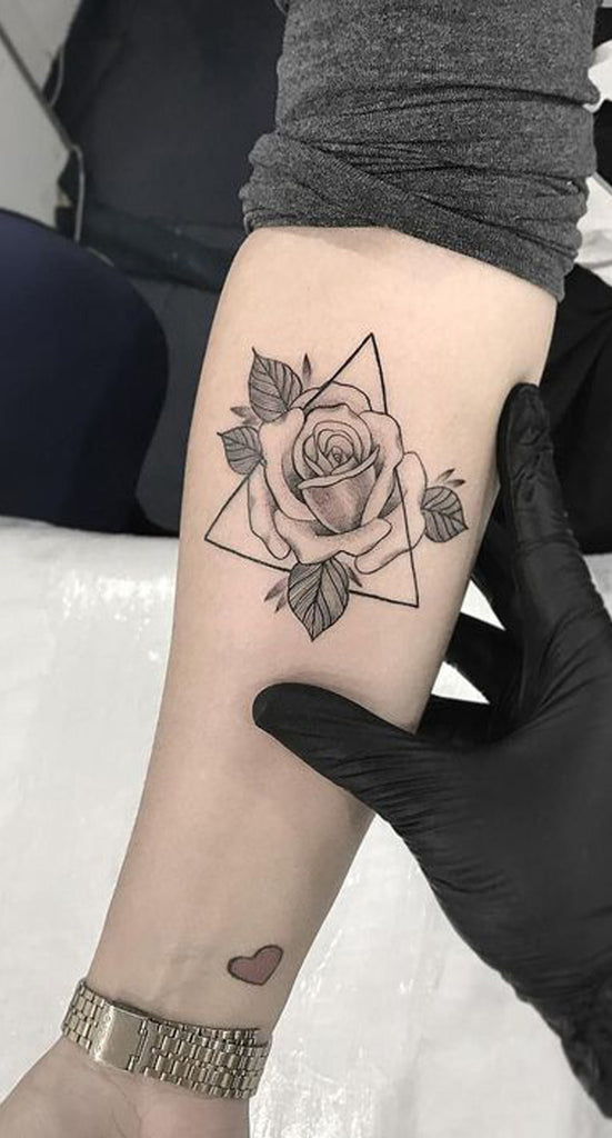 Small Rose Triangle Forearm Tattoo Ideas for Women Geometric Triangle Flower Arm Tat - www.MyBodiArt.com #tattoos