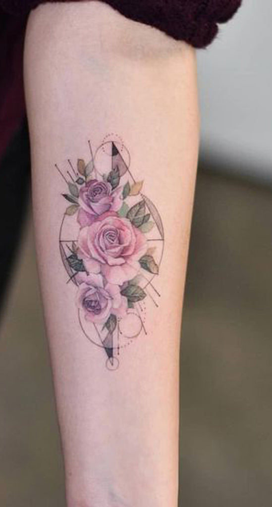 Cute Rose Forearm Tattoo Ideas for Women Geometric Floral Flower Arm Tattoos - www.MyBodiArt.com 