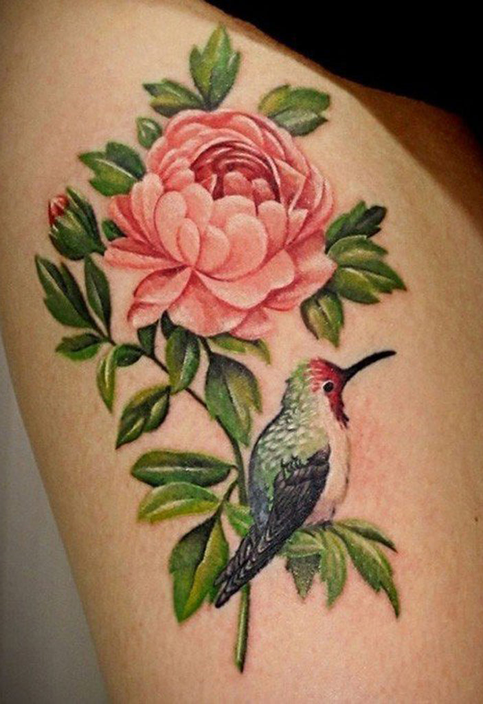 Rose Flower And Hummingbird Tattoo On Back Shoulder