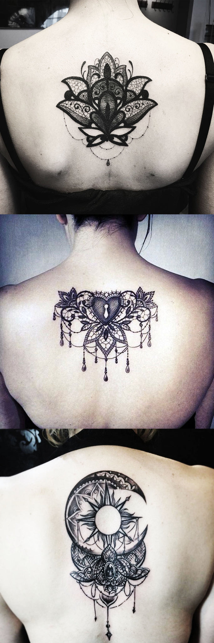 Lace Tattoos Ideas for Women - Spine Back Lotus Tat - Sun Moon Chandelier Black Henna at MyBodiArt.com